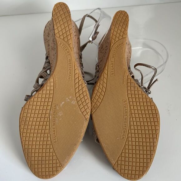 Stuart Weitzman Metallic Leather Wedge Cork Heel Lace Up Sandals Size 38 - Picture 6 of 15